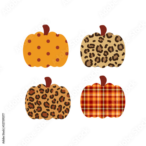 Set of vector pumpkins. Leopard, polka dot and Buffalo plaid print. Fall Autumn graphic elements.
