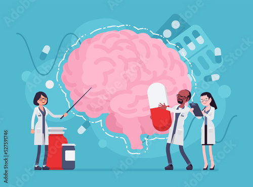 Brain study, practicing neurologists, pharmacy clinicians and trainees. Neurological disorder, physical examination, neurologic diseases of epilepsy, stroke, infections, dementia. Vector illustration
