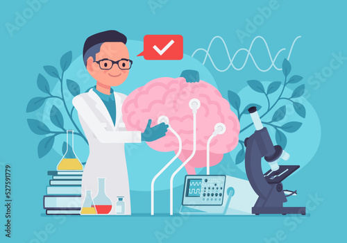 Brian study, male neurologist diagnoses, treats nervous system. Clinical neurology and neuroanatomy laboratory examination, nerve and muscle disease, sleep disorder new treatment. Vector illustration