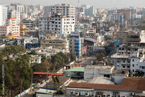 Dhaka, Bangladesh Cityscape. View of Mirpur Road and the densely populated city from a rooftop in Dhanmondi.