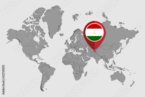 Pin map with Tajikistan flag on world map. Vector illustration.