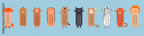 Multiplication table with square animals. Printed bookmarks or stickers with cute kawaii animals. Children s design in a flat style.