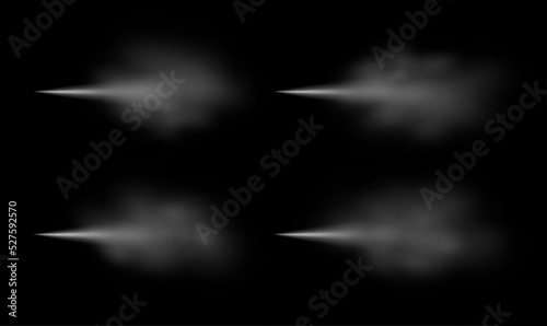 Water spray effect, realistic cosmetic mist, transparent atomizer splash. White fragrance aerosol texture, abstract cosmetic hazes set isolated on black. Vector illustration.