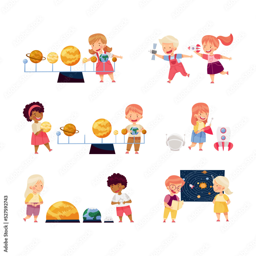 Investigative Little Boy and Girl Studying Space and Galaxy Examining Solar Planets Vector Set Investigative Little Boy and Girl Studying Space and Galaxy Examining Solar Planets Vector Set