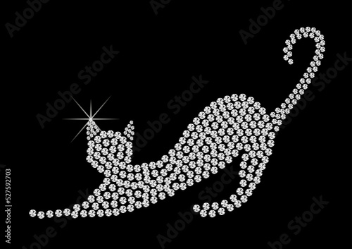 Cat of diamonds. Pattern embroidery of diamond cats. Pattern embroidery of diamond cat. Shiny, silver and black print with diamonds, embroidery and jewelry. Isolated fashion abstract background.