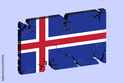 Iceland flag on 3D cracked wall vector, fracture pattern, country flag with cracked texture, issues concept