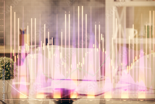 Double exposure of stock market graph drawing and office interior background. Concept of financial analysis.