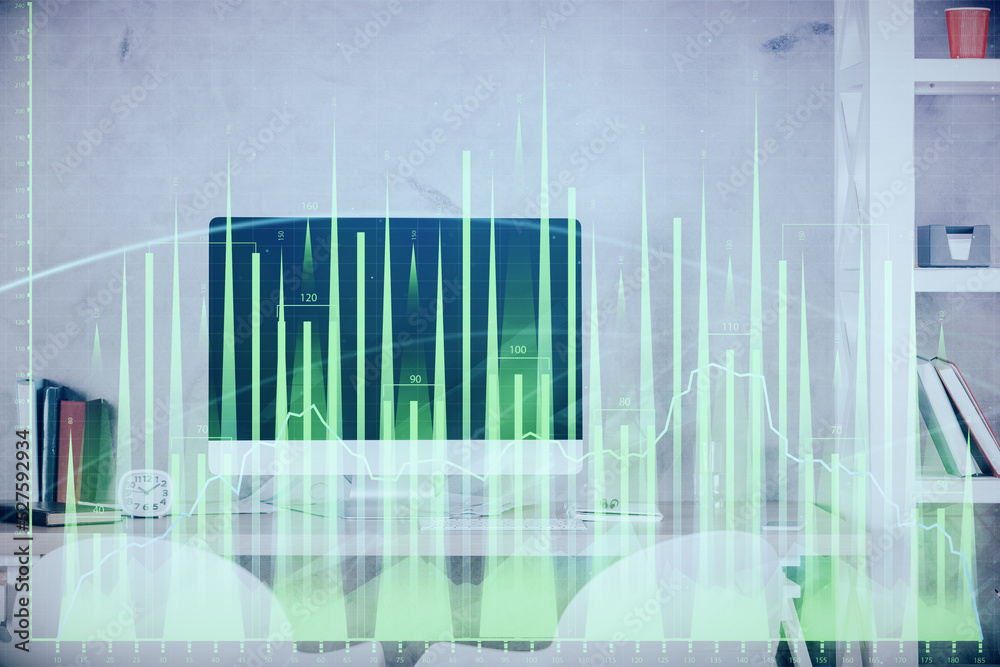 Multi exposure of stock market chart drawing and office interior background. Concept of financial analysis. Multi exposure of stock market chart drawing and office interior background. Concept of financial analysis.