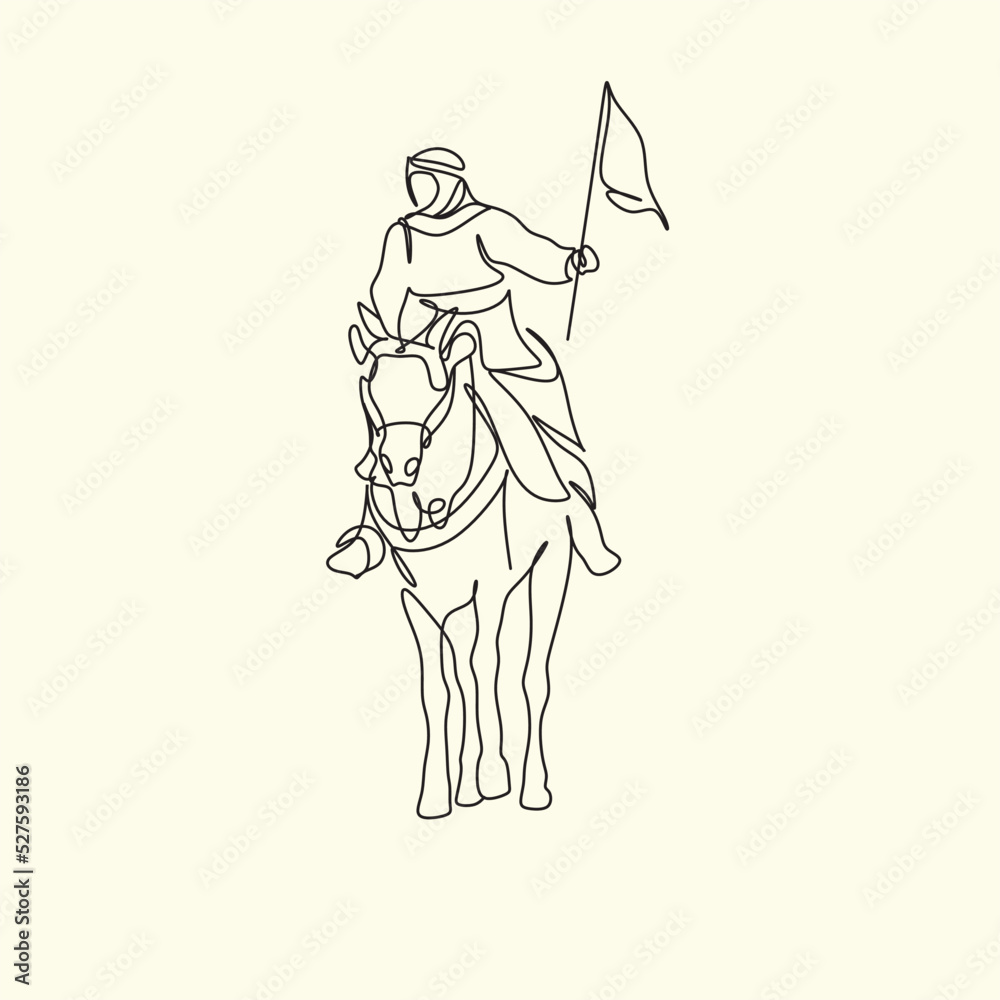 Arab man with araian horses vector line art. Arabian man wit traditional clothes riding his horse line drawing Arab man with araian horses vector line art. Arabian man wit traditional clothes riding his horse line drawing