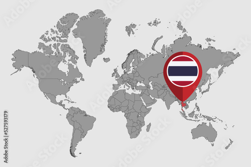 Pin map with Thailand flag on world map. Vector illustration.