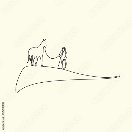 Arab man with araian horses vector line art. Arabian man wit traditional clothes riding his horse line drawing photo