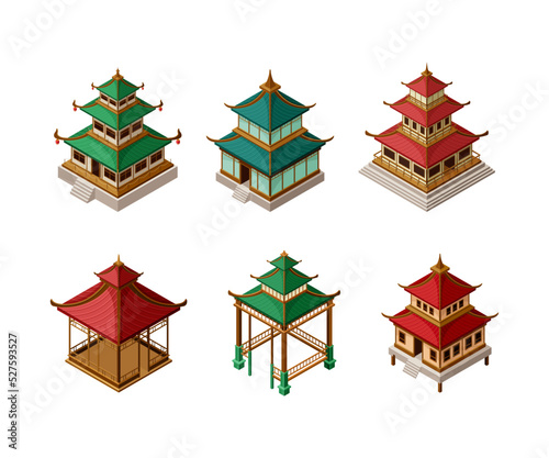 Asian Architecture with Pagoda and Gazebo Isometric Vector Set