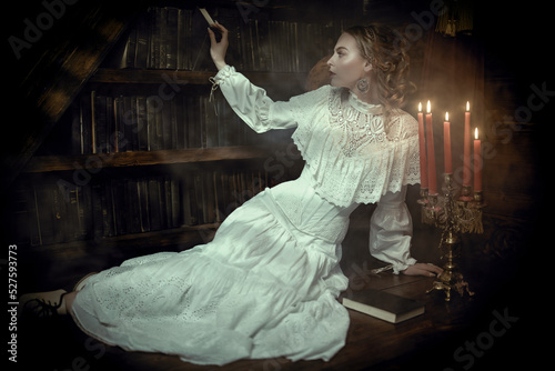 young lady in dark library