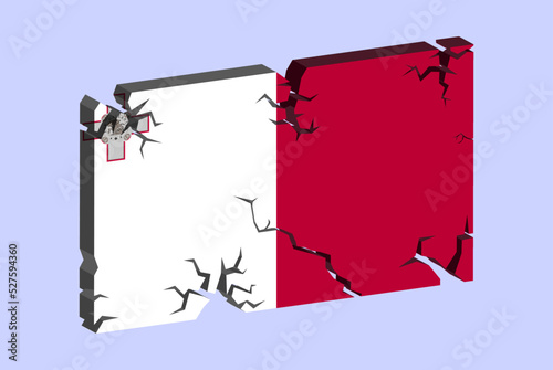 Malta flag on 3D cracked wall vector, fracture pattern, country flag with cracked texture, issues concept