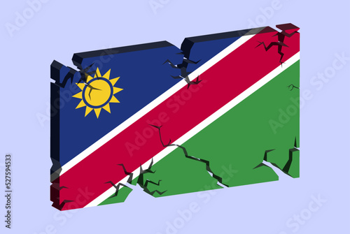 Namibia flag on 3D cracked wall vector, fracture pattern, country flag with cracked texture, issues concept