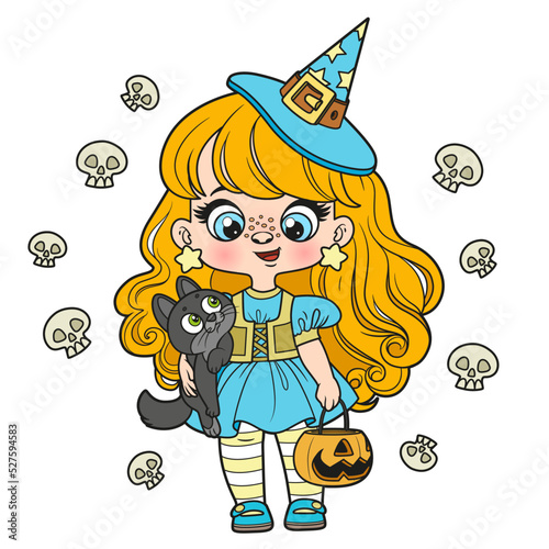 Cute cartoon girl in a Halloween witch costume with pumpkin for sweets  and cat color variation for coloring page on white background