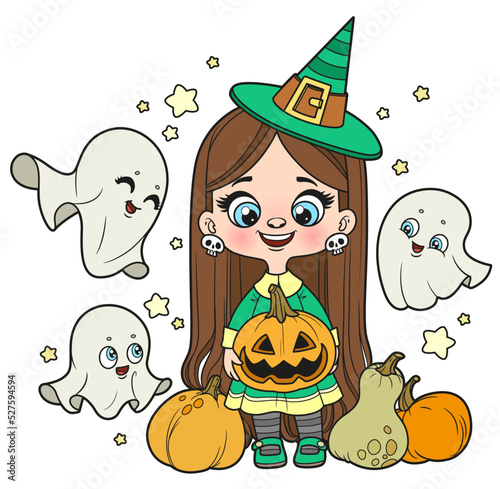 Cute cartoon long haired girl in a Halloween witch costume with pumpkins color variation for coloring page on white background