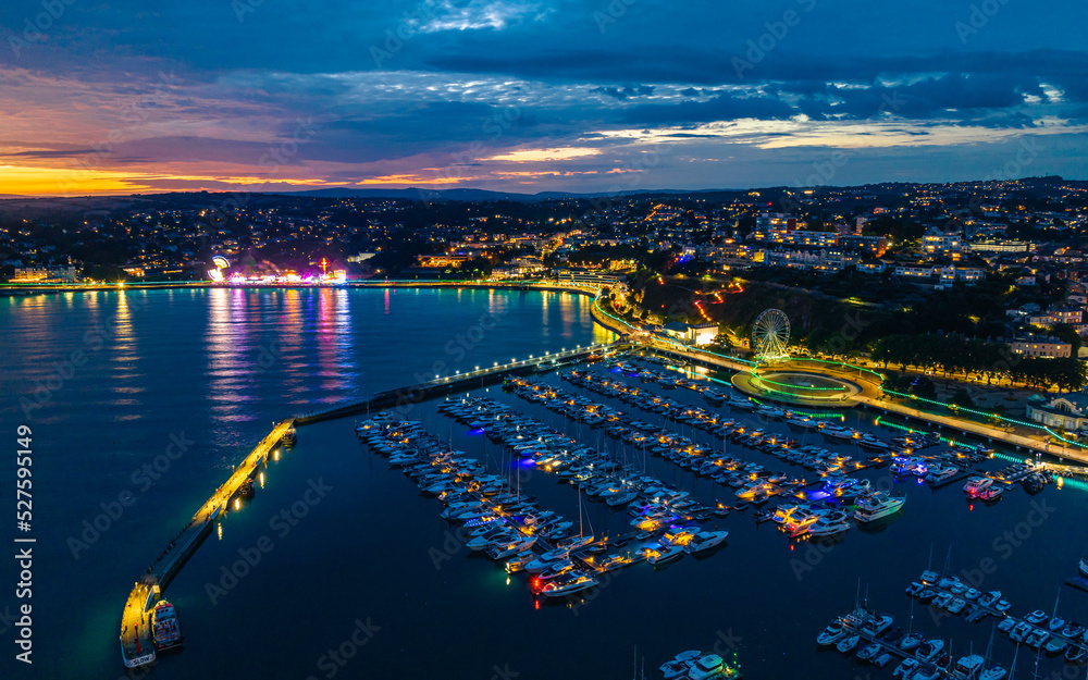 Sunset over Torquay Harbour and Marina, English Riviera from a drone, Devon, England, Europe