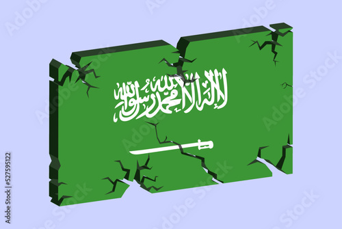 Saudi Arabia flag on 3D cracked wall vector, fracture pattern, country flag with cracked texture, issues concept