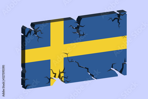 Sweden flag on 3D cracked wall vector, fracture pattern, country flag with cracked texture, issues concept
