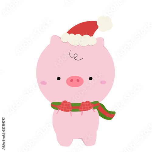 Cute pig with Christmas scarf and hat