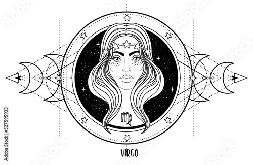 Illustration of Virgo astrological sign as a beautiful girl over sacred geometry frame. Zodiac vector drawing isolated in black and white. Future telling, horoscope, spirituality. Coloring book.