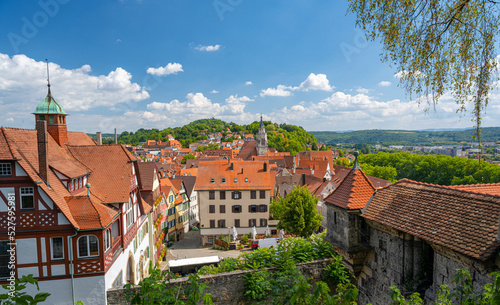 View from Hohentübingen Castle to the old town of Tübingen with the Collegiate Church. Baden-Württemberg, Germany, Europe