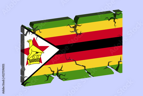 Zimbabwe flag on 3D cracked wall vector, fracture pattern, country flag with cracked texture, issues concept