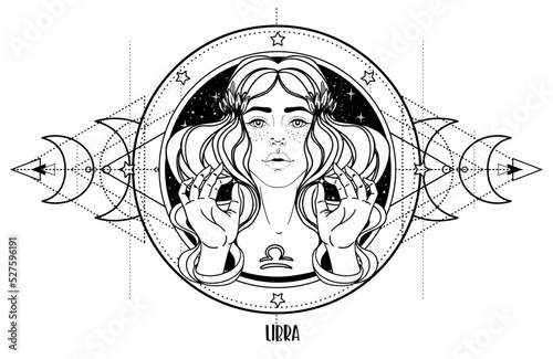 Illustration of Libra astrological sign as a beautiful girl over sacred geome...