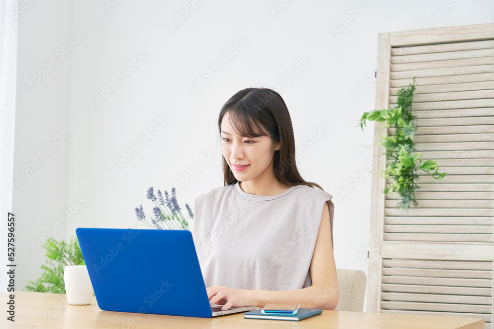 リビングでノートパソコンを使う女性 リビングでノートパソコンを使う女性
