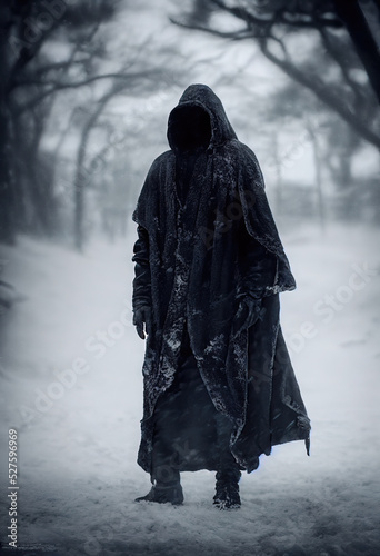 Illustration of a dark hooded figure walking on a snowy foggy forest in winter. Cold, darkness, mysticism and fear concept photo