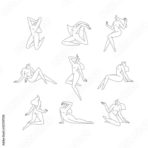 Contemporary female body vector illustration set. Nude woman silhouette, abstract pose, modern feminine figure graphic design. Line art, editable strokes. Beauty, body care concept for logo, branding