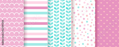 Scrapbook pattern. Seamless baby shower background. Set pink packing paper. Cute textures with polka dot, stripes, hearts, leaves, wave. Trendy pastel print for scrap design. Color vector illustration photo