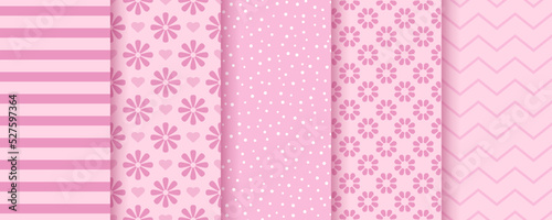 Baby girl pattern. Scrapbook seamless background. Set pink packing paper. Cute textures with stripes, circles, flowers and zigzag. Trendy pastel print. Retro scrap design. Color vector illustration.