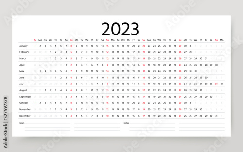 Calendar 2023 year. Linear planner template. Yearly horizontal calender. Week starts Sunday. Long annual schedule grid with 12 months. Landscape orientation, english. Vector illustration Simple design photo