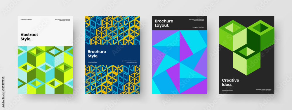 Multicolored booklet design vector template collection. Trendy geometric hexagons book cover layout composition.