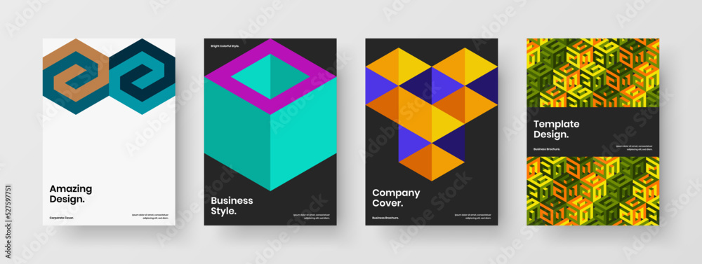 Modern book cover design vector illustration collection. Vivid geometric shapes pamphlet concept set.