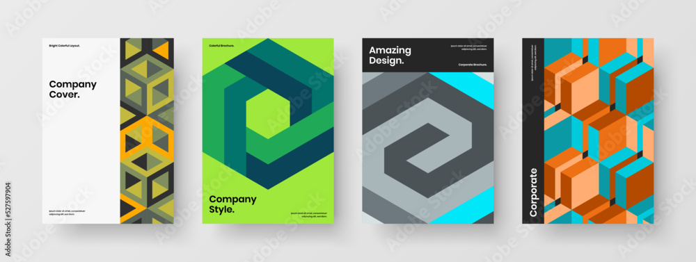 Clean journal cover design vector layout composition. Original mosaic hexagons corporate brochure illustration bundle.