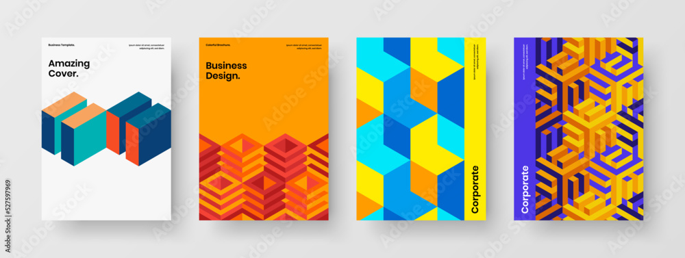 Abstract annual report A4 vector design illustration composition. Modern mosaic hexagons company identity layout set.