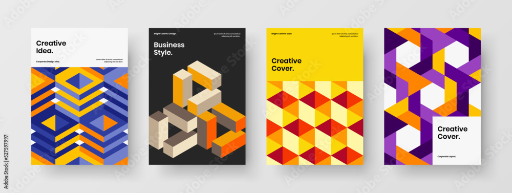 Abstract company cover design vector illustration collection. Original mosaic shapes corporate brochure concept composition.