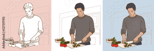 Guy in grey shirt cooking, preparing and slicing fresh vegetables on cutting board in the kitchen. Set of different styles hand drawn flat vector illustration isolated on colored background.