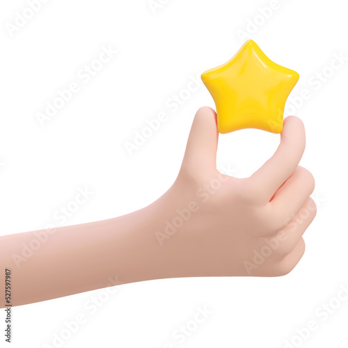3d cartoon hand holding yellow star. Vector illustration. Sign of feedback, rating, good review, supporting client service successful