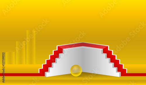 A podium, a fantastic golden landscape and a red carpet for the awards. 
An empty space for your design. 3d image.