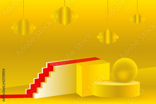 A podium, a fantastic golden landscape and a red carpet for the awards. 
An empty space for your design. 3d image.