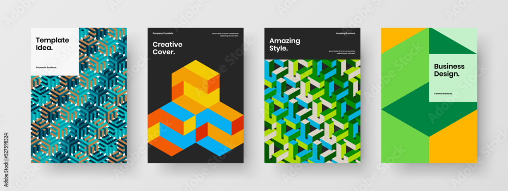 Simple mosaic hexagons magazine cover template collection. Bright poster A4 vector design illustration composition.