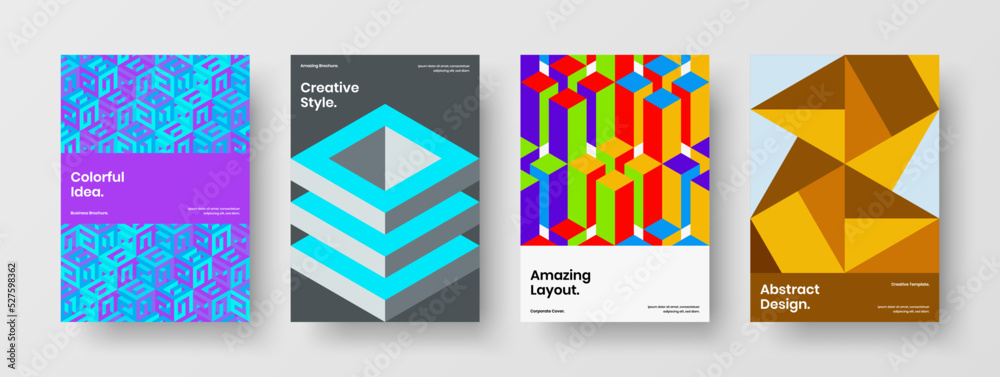 Amazing magazine cover A4 vector design illustration composition. Isolated mosaic hexagons brochure concept set.