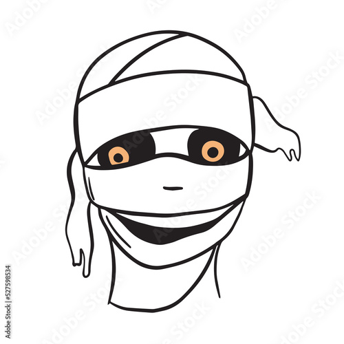 Mummy head vector illustration. Portrait of a cheerful mummy. Cartoon character for halloween.