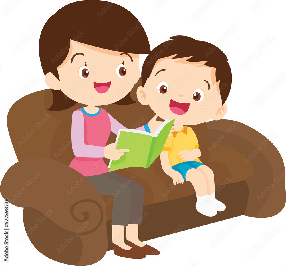 Child listening his mother read a storytelling book.Mother And Child Reading A Book Together Illustration.family home.