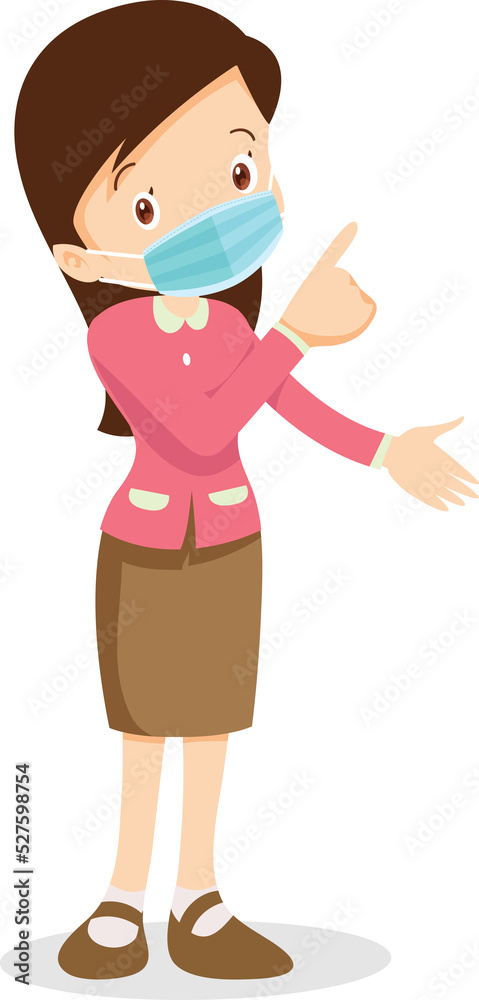 Female teacher character Female young teacher in casual clothes at blackboard with copy space showing something using pointer Female teacher character Female young teacher in casual clothes at blackboard with copy space showing something using pointer