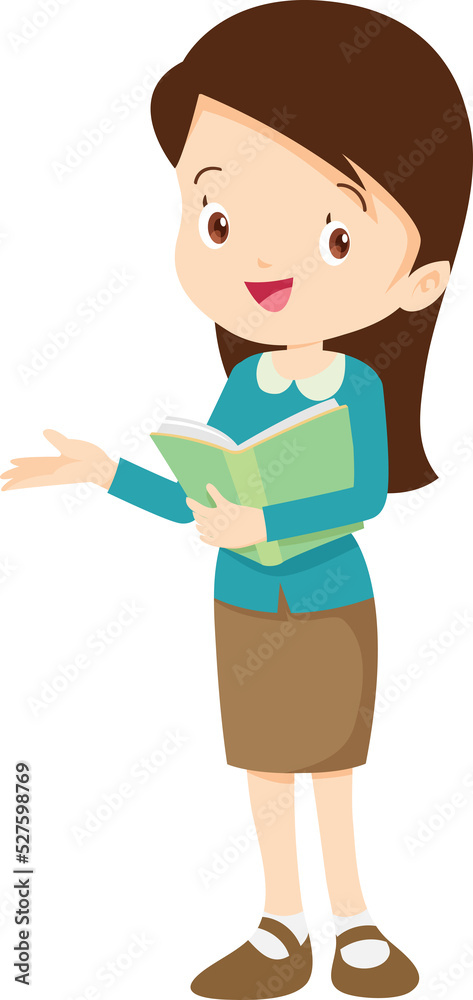 Female teacher character Female young teacher in casual clothes at blackboard with copy space showing something using pointer Female teacher character Female young teacher in casual clothes at blackboard with copy space showing something using pointer